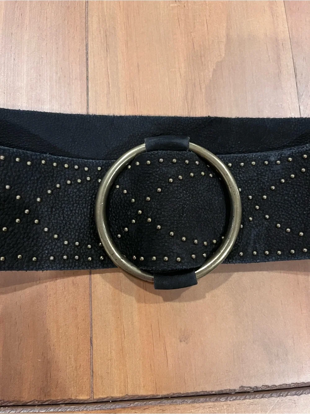 Ralph Lauren Wide Black Studded Suede leather Belt with Bronze Ring Buckle